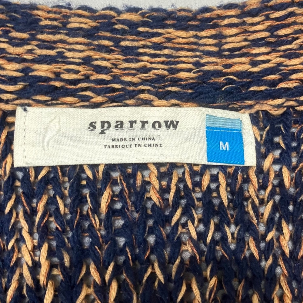Sparrow Anthropologie Navy Tan Fringe Open Front Cardigan Sweater Wool Linen M - Picture 4 of 12